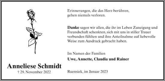 Anzeige  Anneliese Schmidt  Lippische Landes-Zeitung