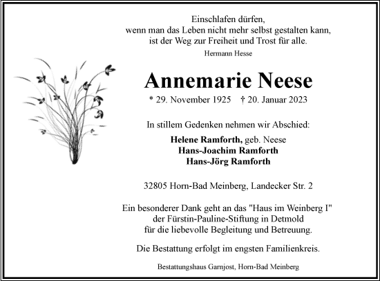 Anzeige  Annemarie Neese  Lippische Landes-Zeitung