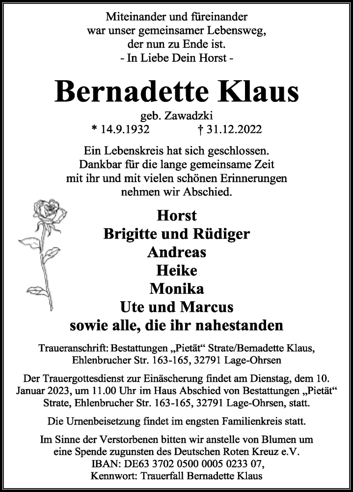  Traueranzeige für Bernadette Klaus vom 07.01.2023 aus Lippische Landes-Zeitung