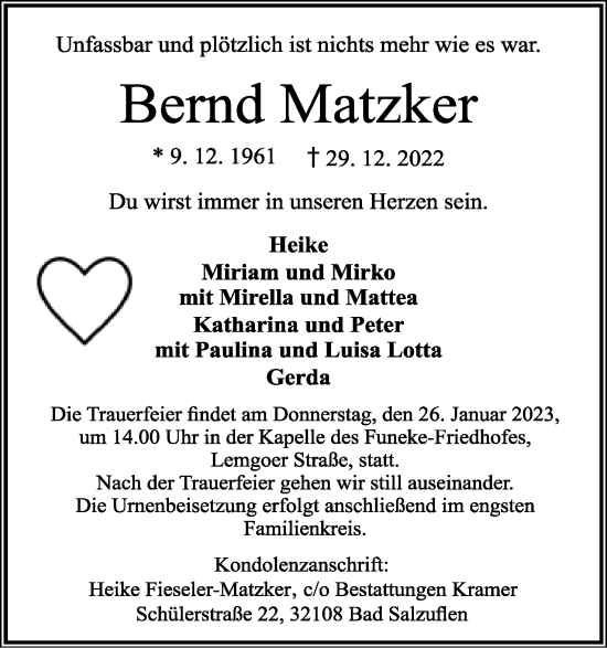 Anzeige  Bernd Matzker  Lippische Landes-Zeitung