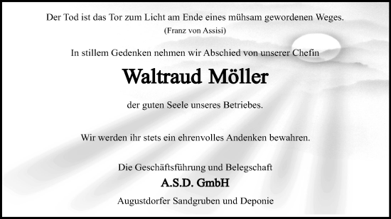 Anzeige  Waltraud Möller  Lippische Landes-Zeitung