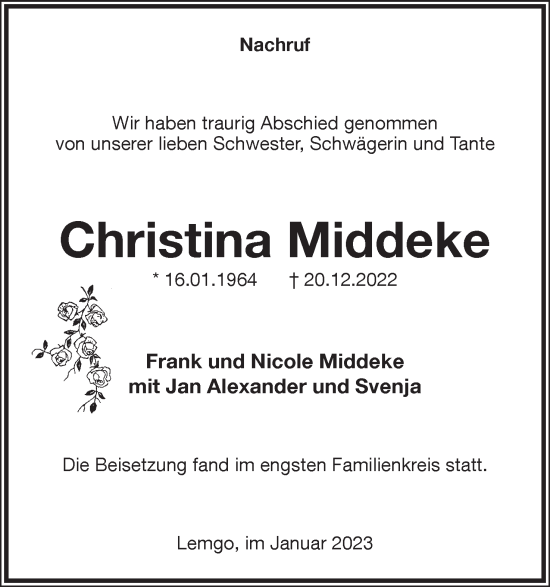 Anzeige  Christina Middeke  Lippische Landes-Zeitung