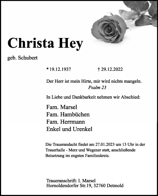 Anzeige  Christa Hey  Lippische Landes-Zeitung