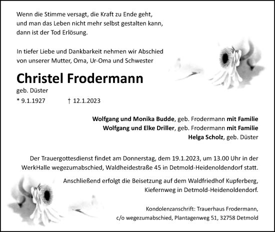 Anzeige  Christel Frodermann  Lippische Landes-Zeitung