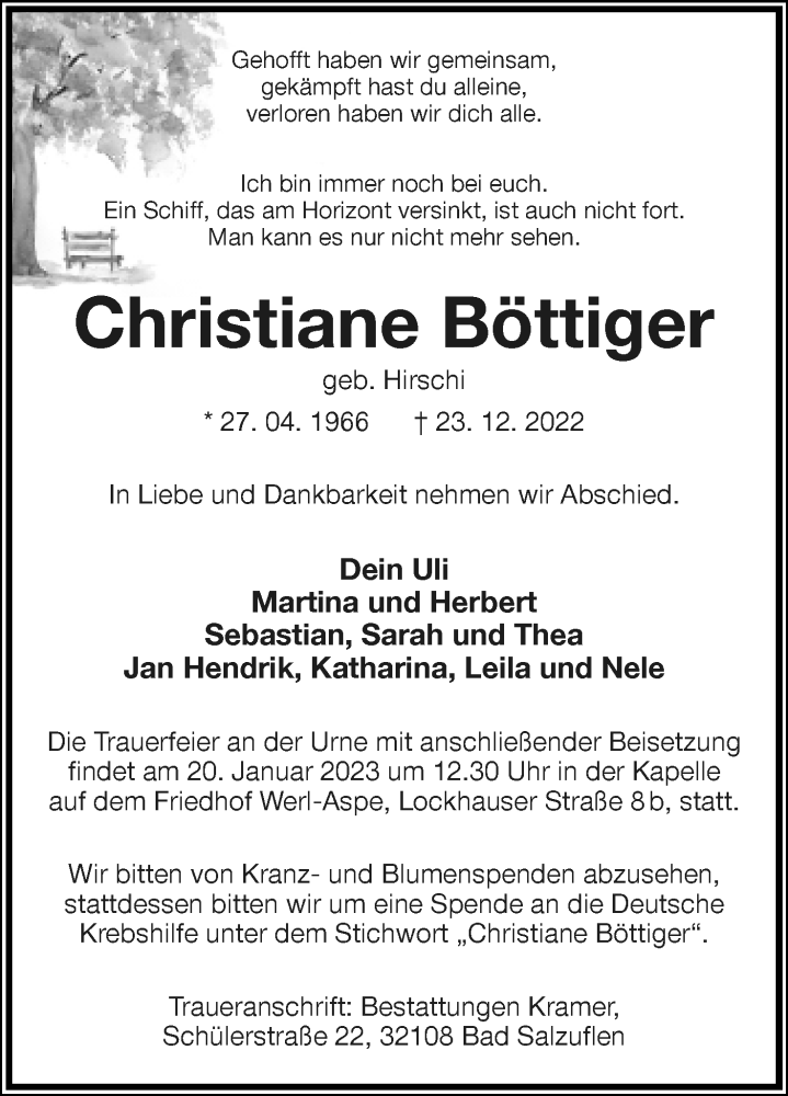  Traueranzeige für Christiane Böttiger vom 14.01.2023 aus Lippische Landes-Zeitung