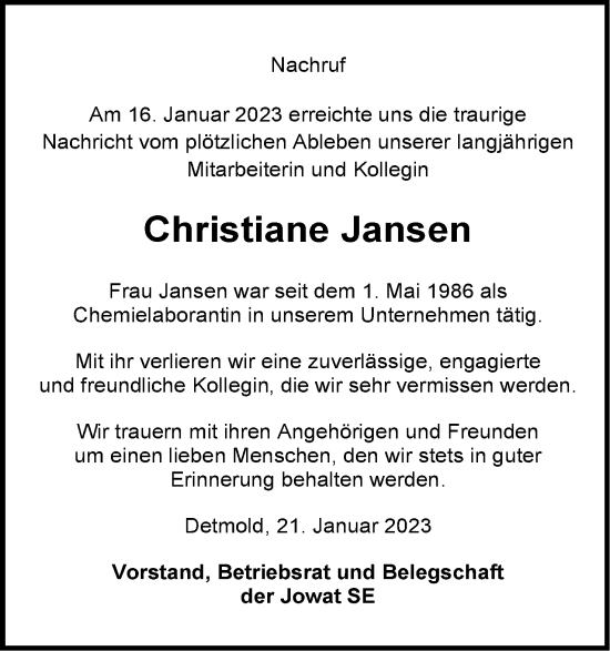 Anzeige  Christiane Jansen  Lippische Landes-Zeitung