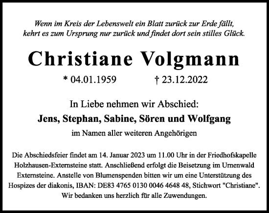 Anzeige  Christiane Volgmann  Lippische Landes-Zeitung