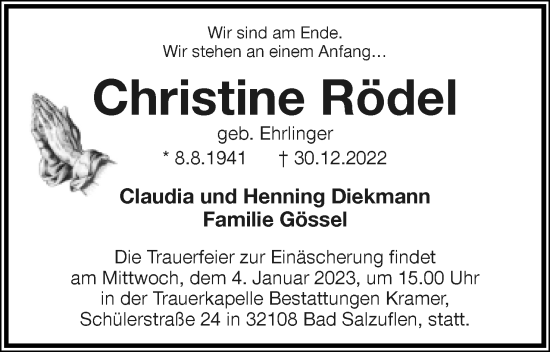 Anzeige  Christine Rödel  Lippische Landes-Zeitung