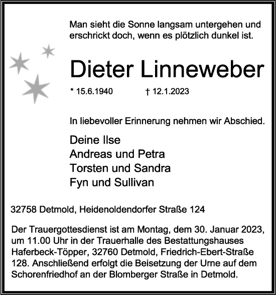 Anzeige  Dieter Linneweber  Lippische Landes-Zeitung