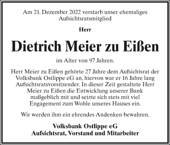 Anzeige  Dietrich Meier zu Eißen  Lippische Landes-Zeitung