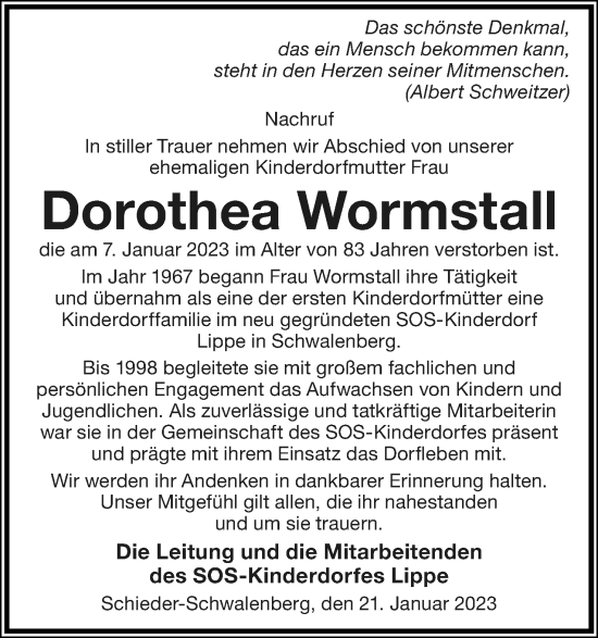 Anzeige  Dorothea Wormstall  Lippische Landes-Zeitung