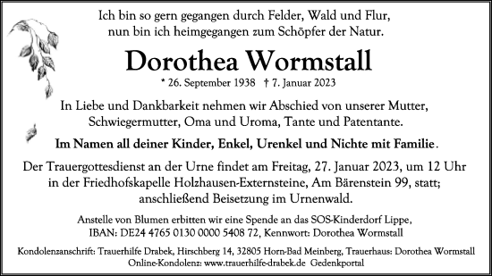 Anzeige  Dorothea Wormstall  Lippische Landes-Zeitung