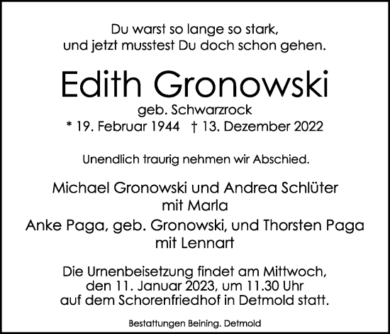 Anzeige  Edith Gronowski  Lippische Landes-Zeitung