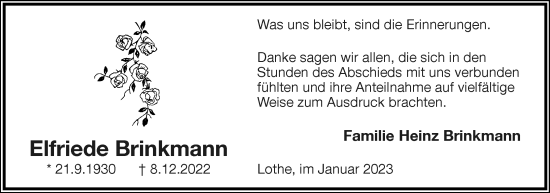 Anzeige  Elfriede Brinkmann  Lippische Landes-Zeitung