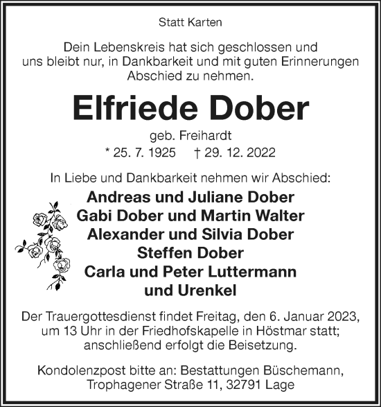 Anzeige  Elfriede Dober  Lippische Landes-Zeitung
