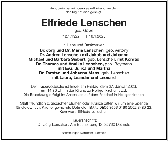Anzeige  Elfriede Lenschen  Lippische Landes-Zeitung