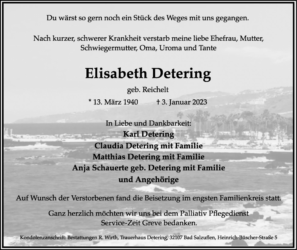  Traueranzeige für Elisabeth Detering vom 14.01.2023 aus Lippische Landes-Zeitung