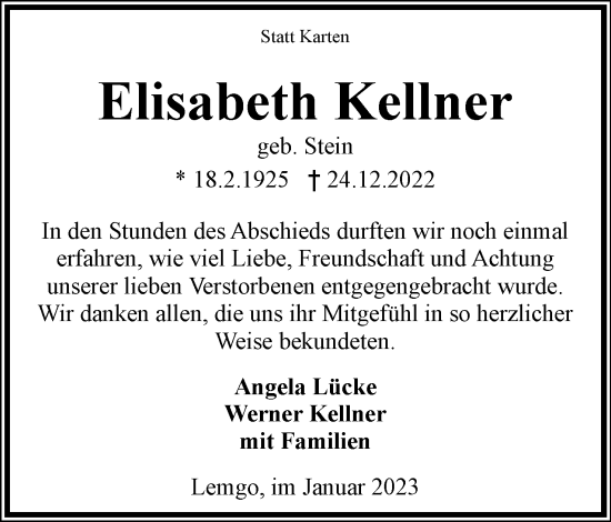 Anzeige  Elisabeth Kellner  Lippische Landes-Zeitung