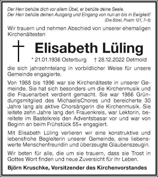 Anzeige  Elisabeth Lüling  Lippische Landes-Zeitung