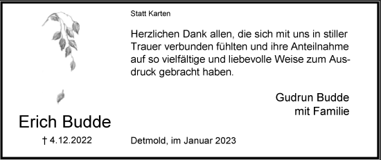 Anzeige  Erich Budde  Lippische Landes-Zeitung