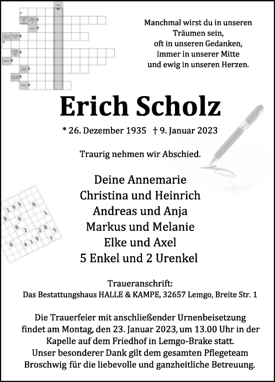 Anzeige  Erich Scholz  Lippische Landes-Zeitung