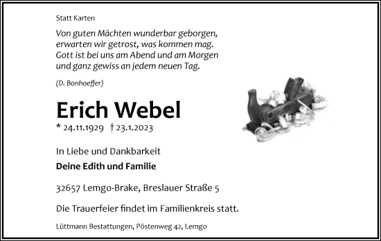 Anzeige  Erich Webel  Lippische Landes-Zeitung