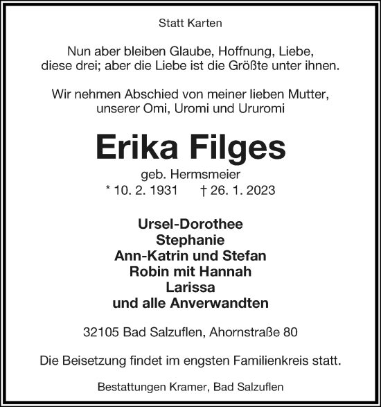 Anzeige  Erika Filges  Lippische Landes-Zeitung