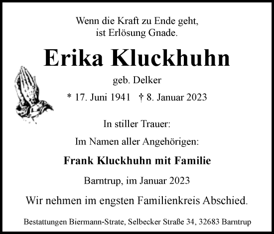 Anzeige  Erika Kluckhuhn  Lippische Landes-Zeitung