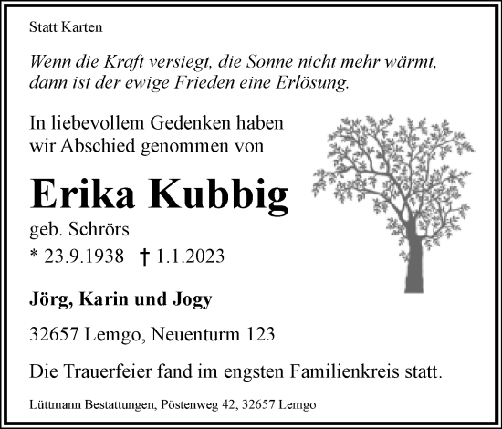 Anzeige  Erika Kubbig  Lippische Landes-Zeitung
