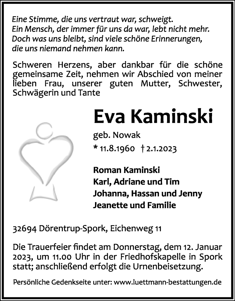  Traueranzeige für Eva Kaminski vom 07.01.2023 aus Lippische Landes-Zeitung