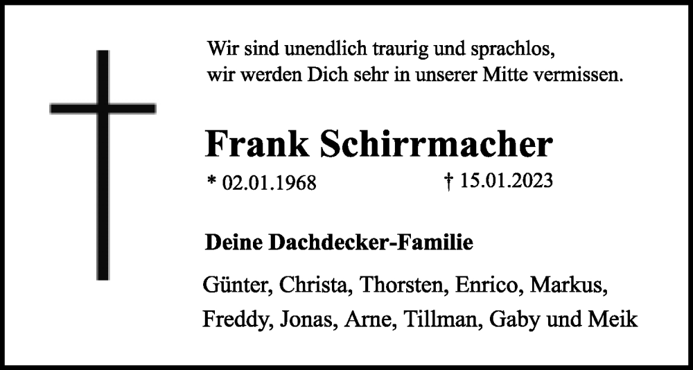  Traueranzeige für Frank Schirrmacher vom 21.01.2023 aus Lippische Landes-Zeitung