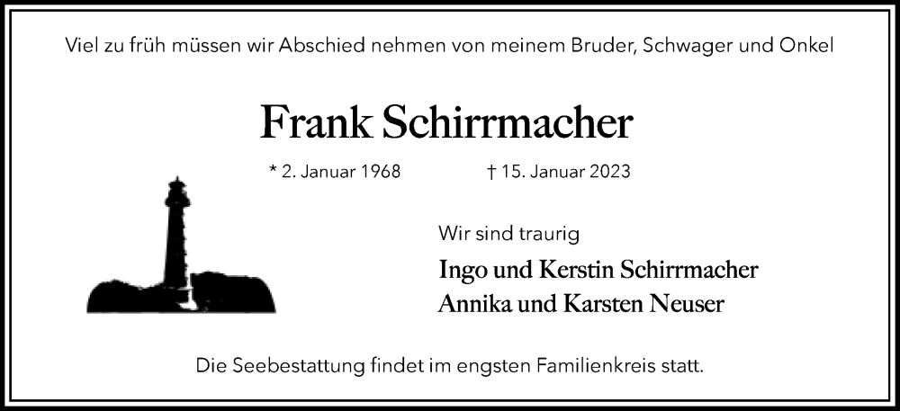  Traueranzeige für Frank Schirrmacher vom 21.01.2023 aus Lippische Landes-Zeitung