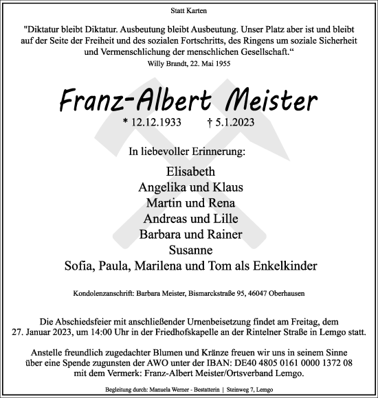 Anzeige  Franz-Albert Meister  Lippische Landes-Zeitung