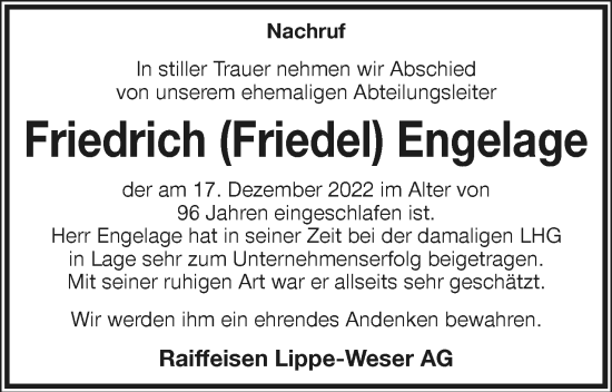 Anzeige  Friedrich Engelage  Lippische Landes-Zeitung