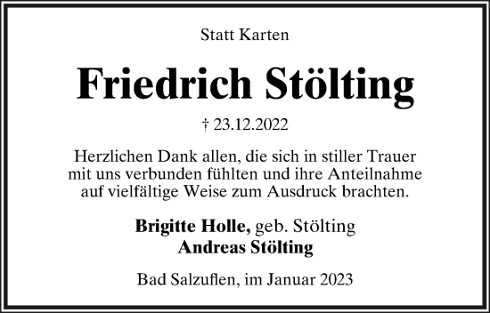 Anzeige  Friedrich Stölting  Lippische Landes-Zeitung