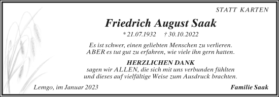 Anzeige  Friedrich August Saak  Lippische Landes-Zeitung