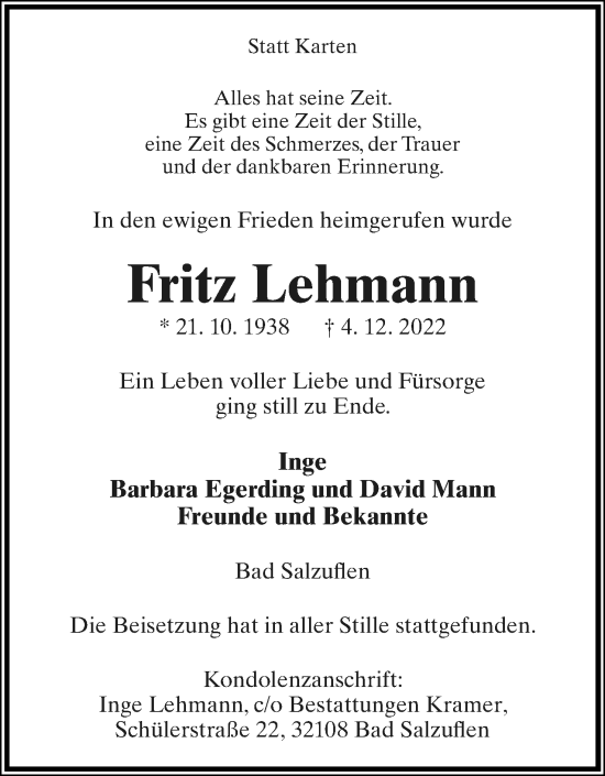 Anzeige  Fritz Lehmann  Lippische Landes-Zeitung