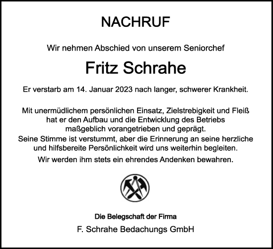 Anzeige  Fritz Schrahe  Lippische Landes-Zeitung