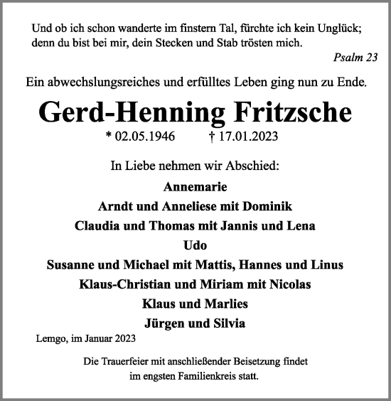 Anzeige  Gerd-Henning Fritzsche  Lippische Landes-Zeitung