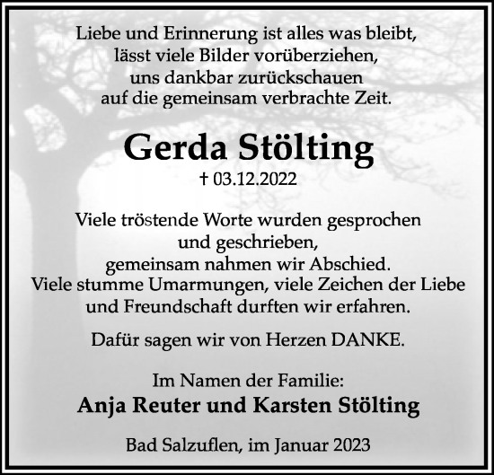 Anzeige  Gerda Stölting  Lippische Landes-Zeitung