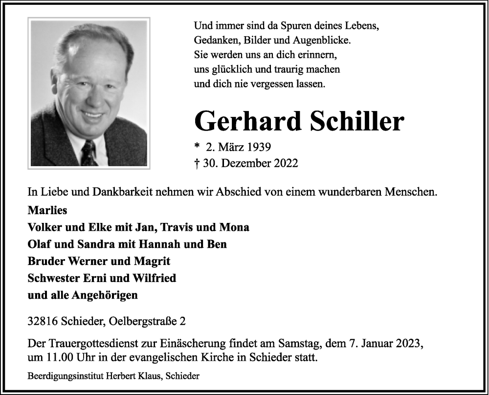  Traueranzeige für Gerhard Schiller vom 04.01.2023 aus Lippische Landes-Zeitung