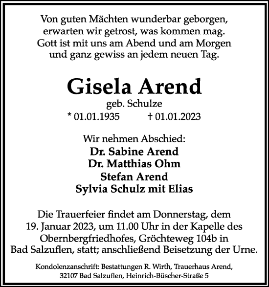 Anzeige  Gisela Arend  Lippische Landes-Zeitung