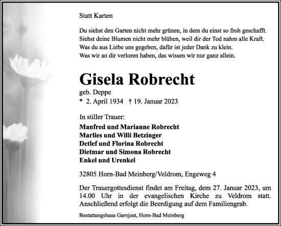 Anzeige  Gisela Robrecht  Lippische Landes-Zeitung