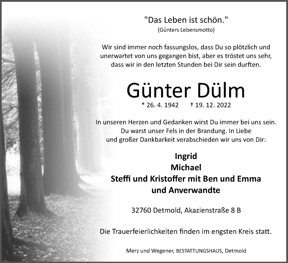  Traueranzeige für Günter Dülm vom 07.01.2023 aus Lippische Landes-Zeitung