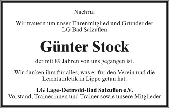 Anzeige  Günter Stock  Lippische Landes-Zeitung