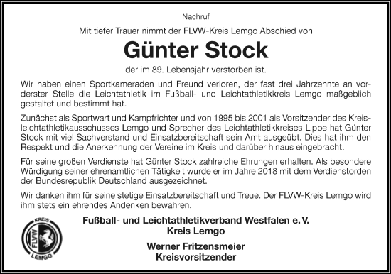 Anzeige  Günter Stock  Lippische Landes-Zeitung