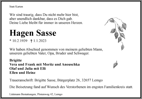 Anzeige  Hagen Sasse  Lippische Landes-Zeitung