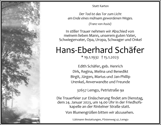 Anzeige  Hans-Eberhard Schäfer  Lippische Landes-Zeitung