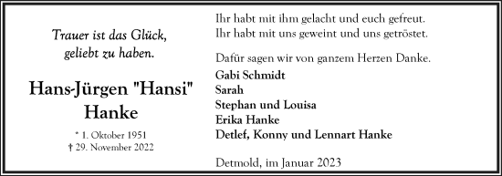 Anzeige  Hans-Jürgen Hanke  Lippische Landes-Zeitung