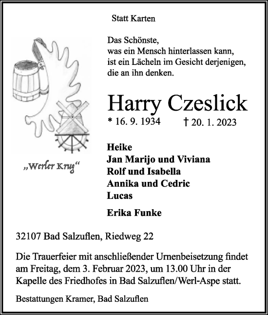 Anzeige  Harry Czeslick  Lippische Landes-Zeitung
